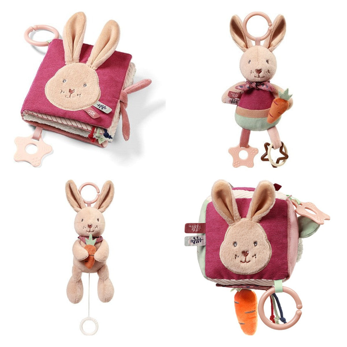 Rabbit Karo set: voelboekje, hangspeeltje, muziekknuffel en activiteitenkubus