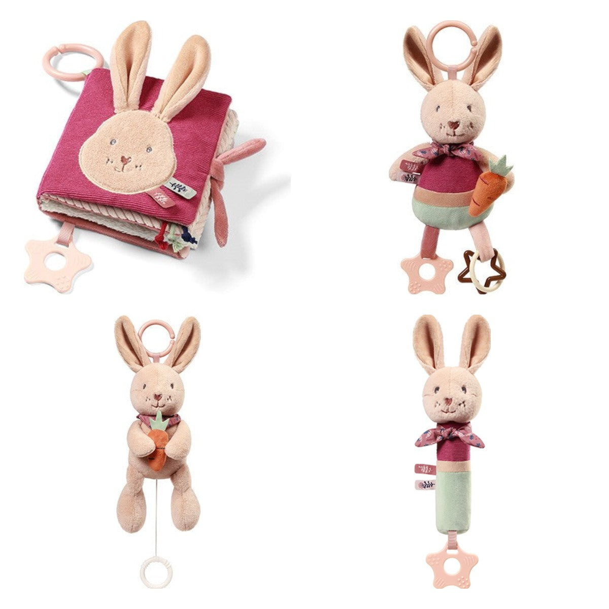 Rabbit Karo set: voelboekje, hangspeeltje, muziekknuffel en piepknuffel