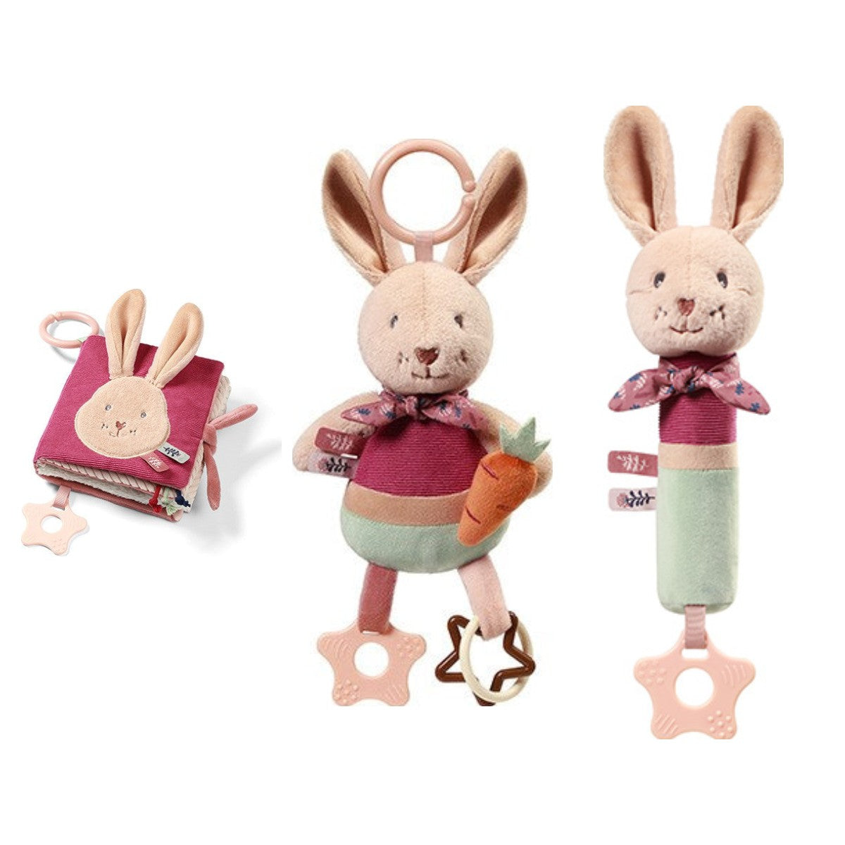 Rabbit Karo set: voelboekje, hangspeeltje en piepknuffel