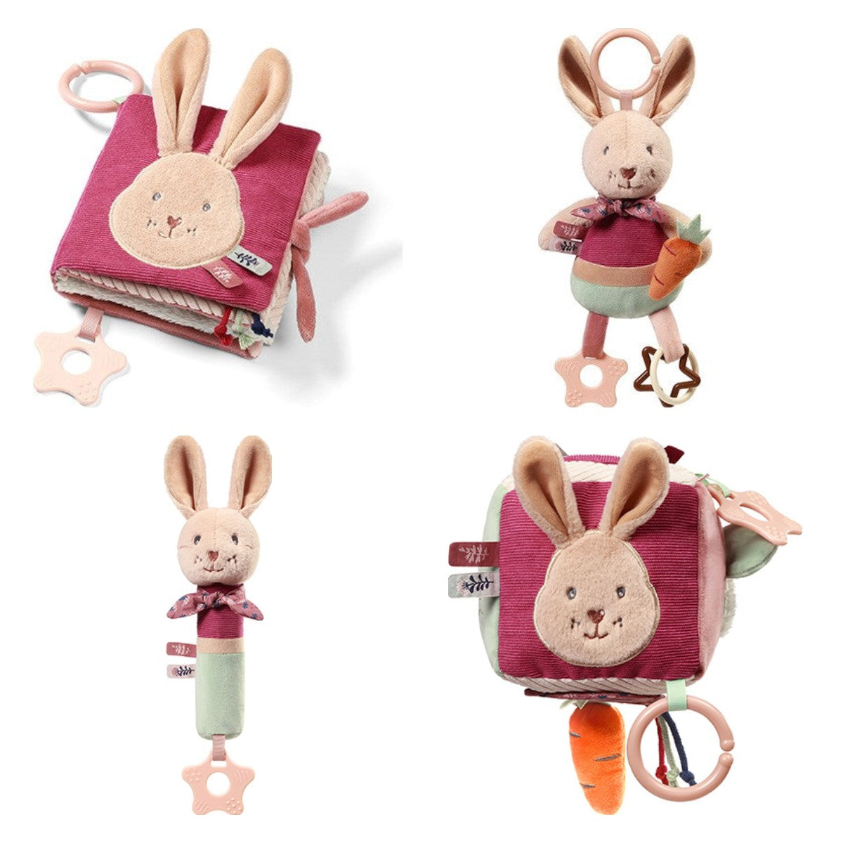 Rabbit Karo set: voelboekje, hangspeeltje, piepknuffel en activiteitenkubus