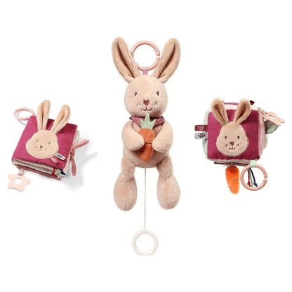 Rabbit Karo set: voelboekje, muziekknuffel en activiteitenkubus