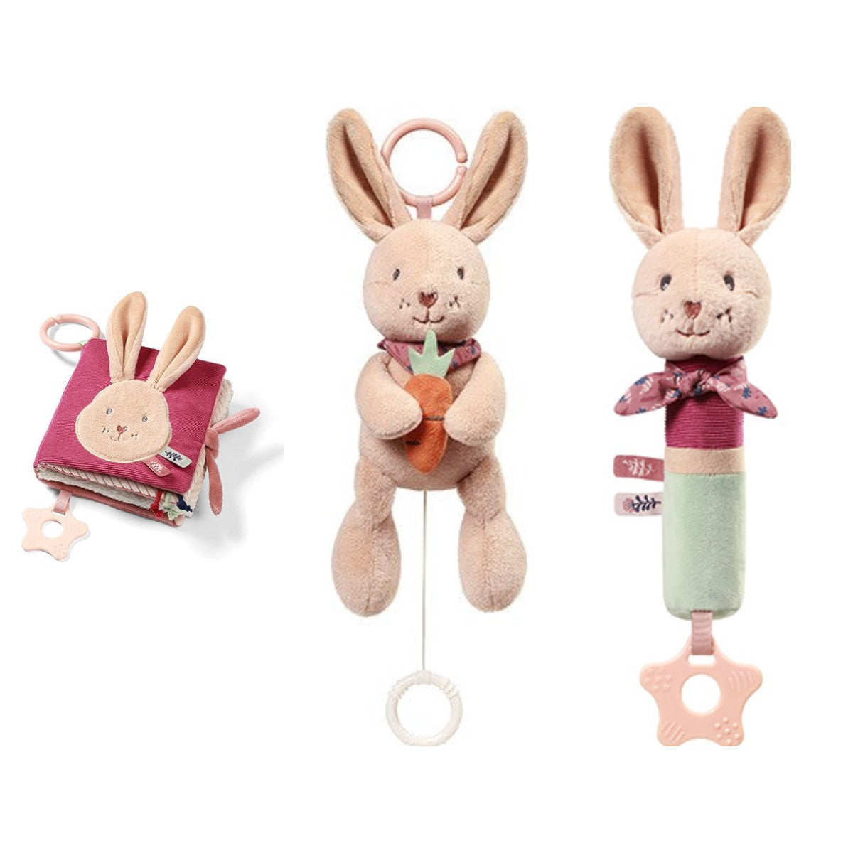 Rabbit Karo set: voelboekje, muziekknuffel en piepknuffel