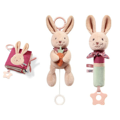 Rabbit Karo set: voelboekje, muziekknuffel en piepknuffel
