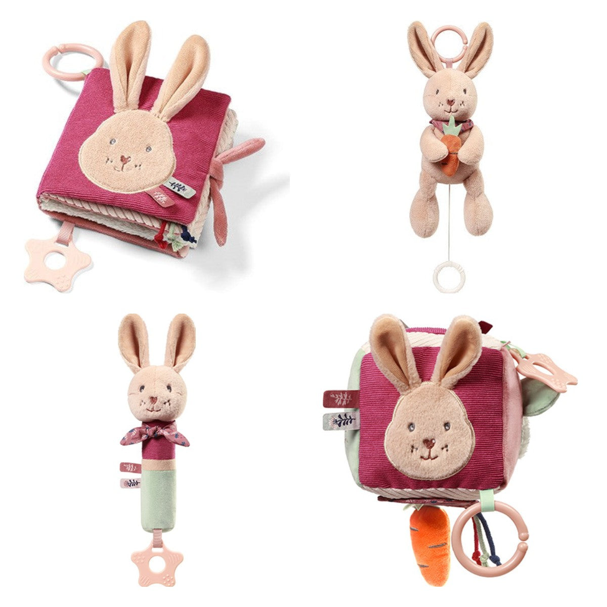 Rabbit Karo set: voelboekje, muziekknuffel, piepknuffel en activiteitenkubus