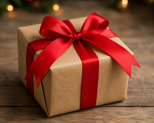 Cadeauverpakking van Soosie: pakket in kraftpapier met rood satijnen lint en strik