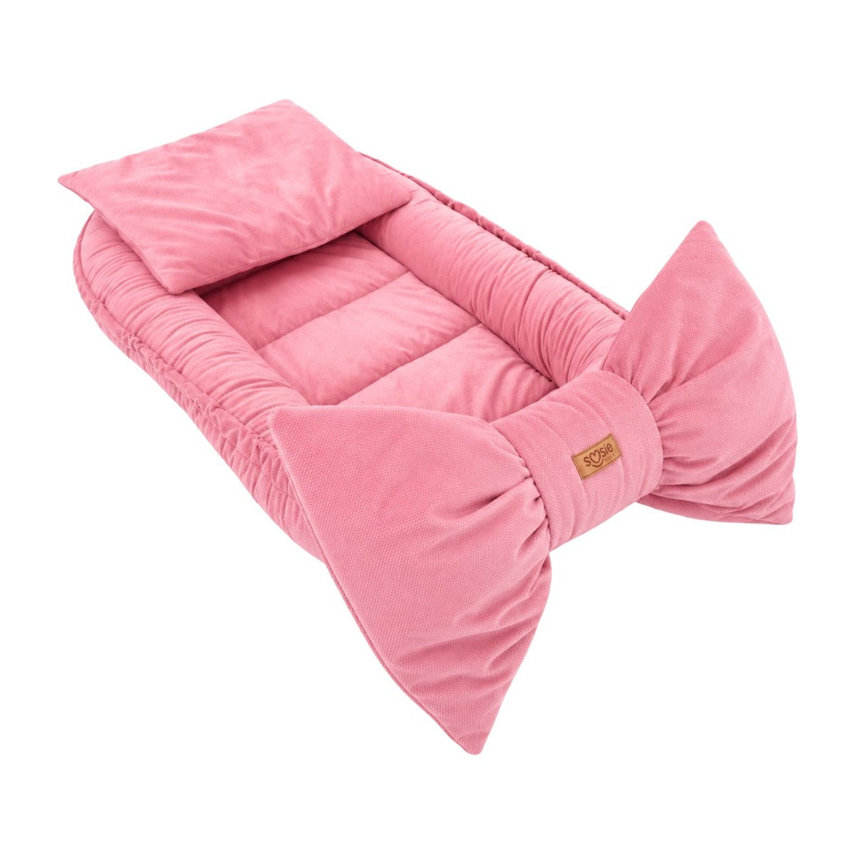 Soosie Babynestje Velvet Bow roze, velours babynest met grote strik en kussen, 90x50 cm