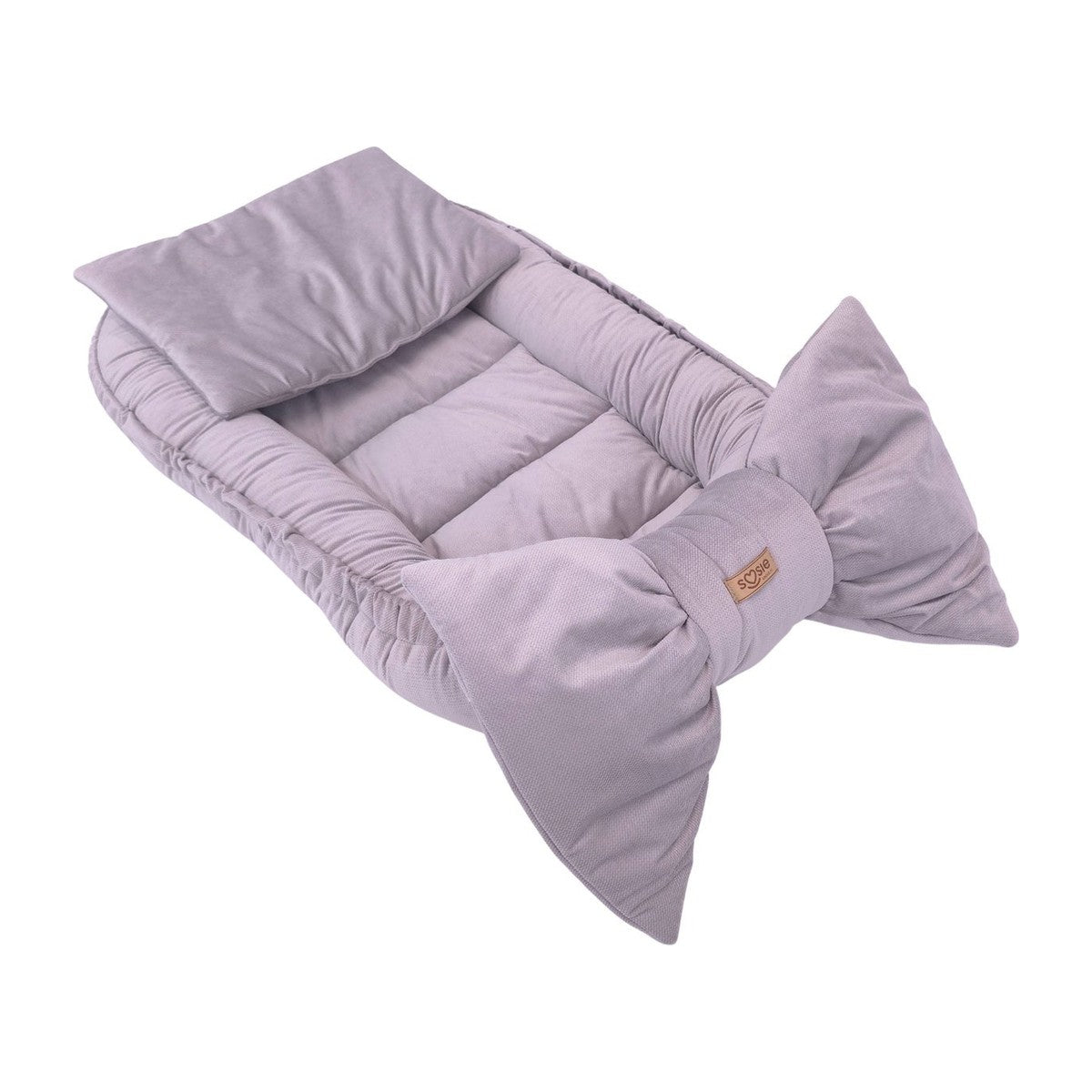 Soosie Babynestje Velvet Bow zacht grijs, velours babynest met grote strik en kussen, 90x50 cm