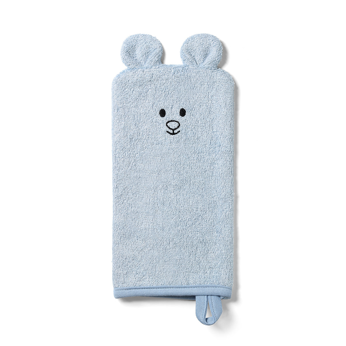 Bamboe washandschoen van Babyono in blauw met beertje en oortjes