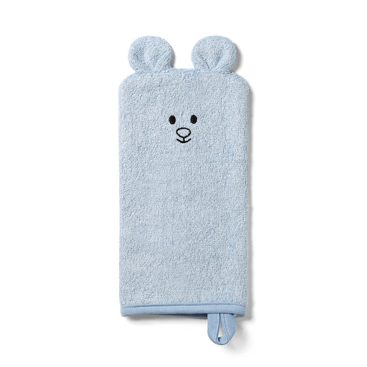 Bamboe washandschoen van Babyono in blauw met beertje en oortjes