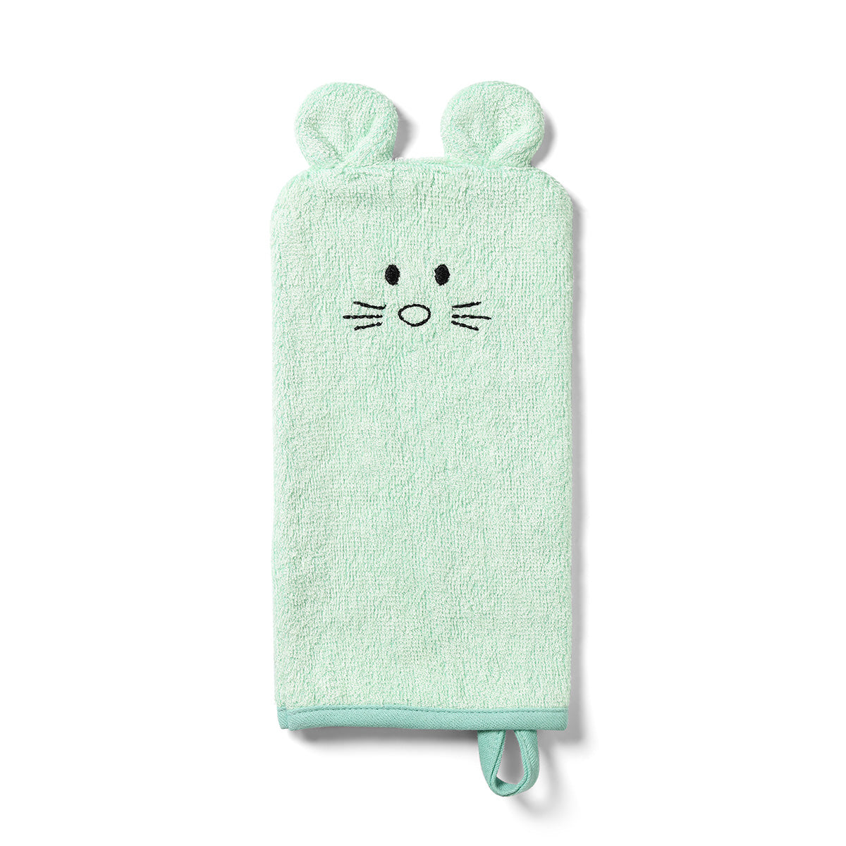 Bamboe washandschoen van Babyono in mint met muisje en oortjes