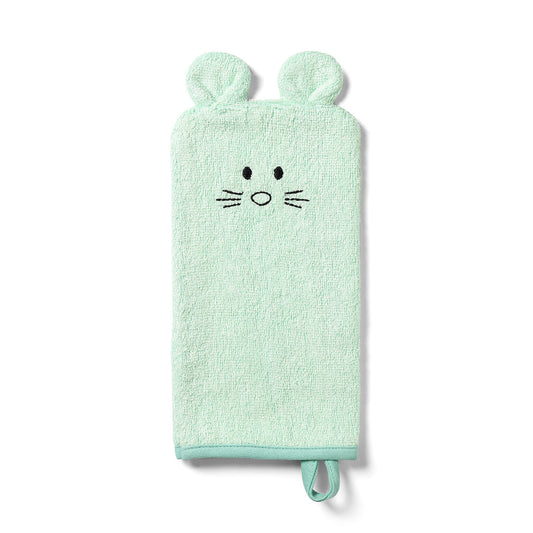 Bamboe washandschoen van Babyono in mint met muisje en oortjes