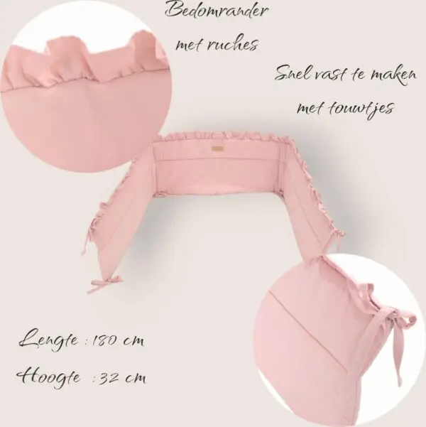 Soosie - Baby Bedomrander - FRILL - Bedbumper - Hoofdbeschermer - 180 x  30cm - Roze - Afbeelding 7