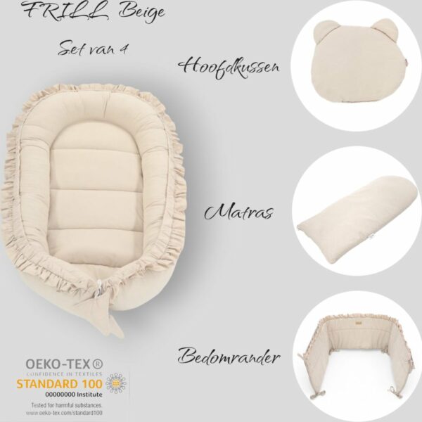 Soosie Babynestje Set van 4 - Beige - Frill Collectie - Inclusief Hoofdkussen, Matras en Bedomrander - OEKO-TEX® Standaard 100